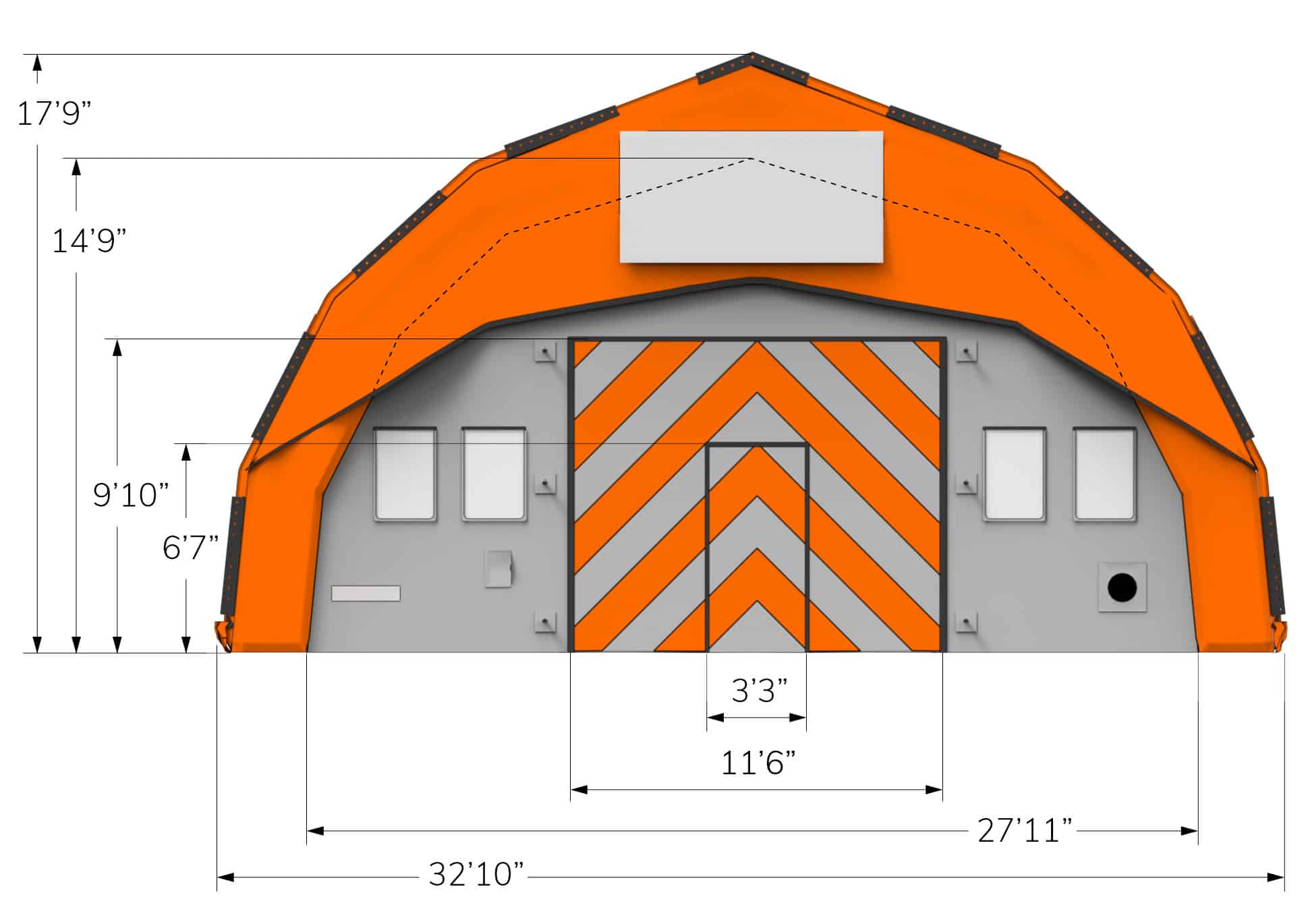 End view of an orange CA-10 Fast Tent with dimensions in feet