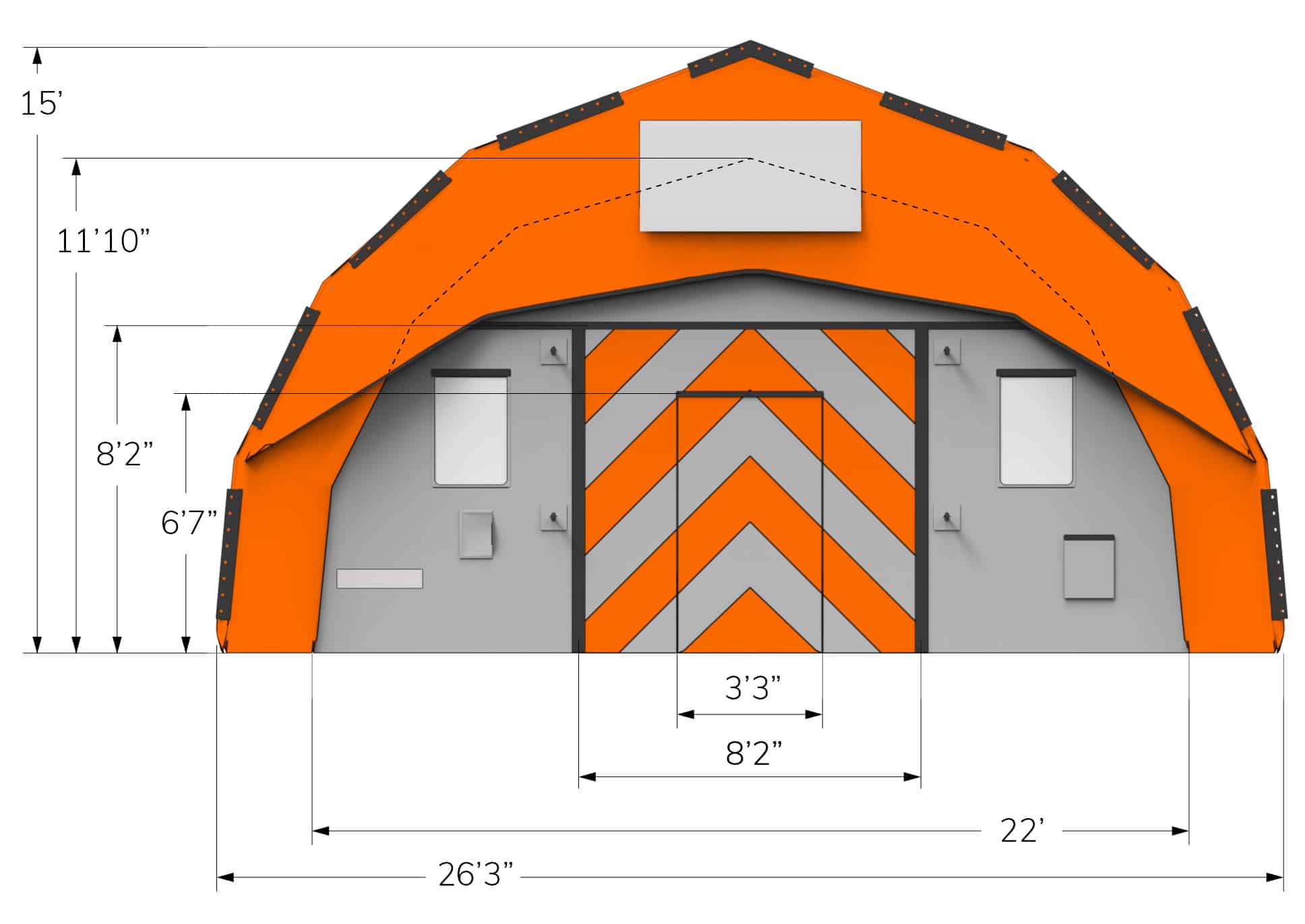 End view of orange CA-8 Fast Tent with dimensions in feet