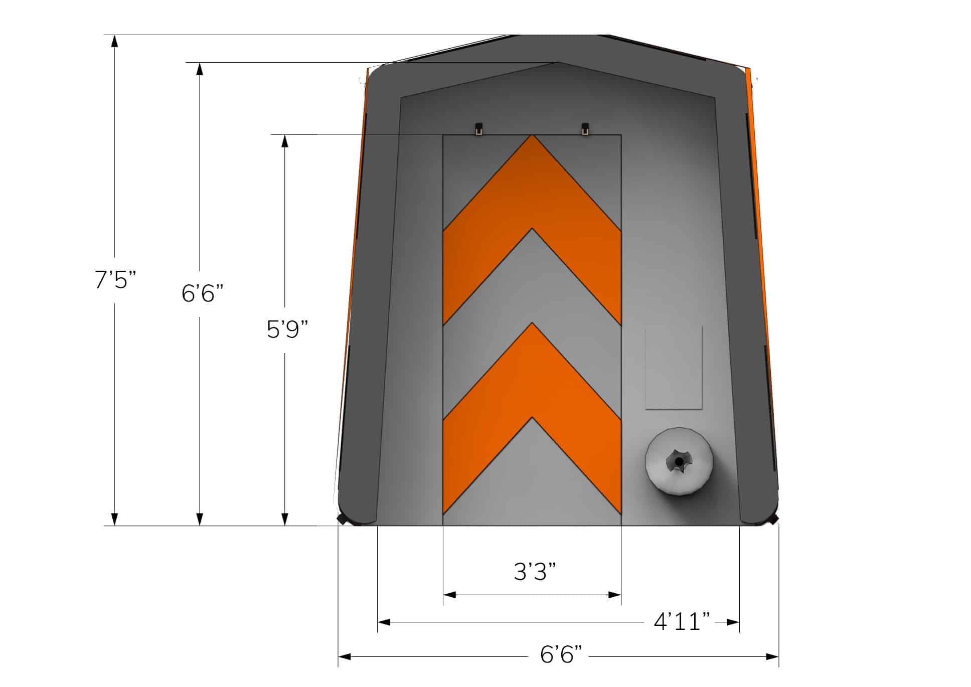 End view of orange SA-2 Fast Tent with dimensions in feet