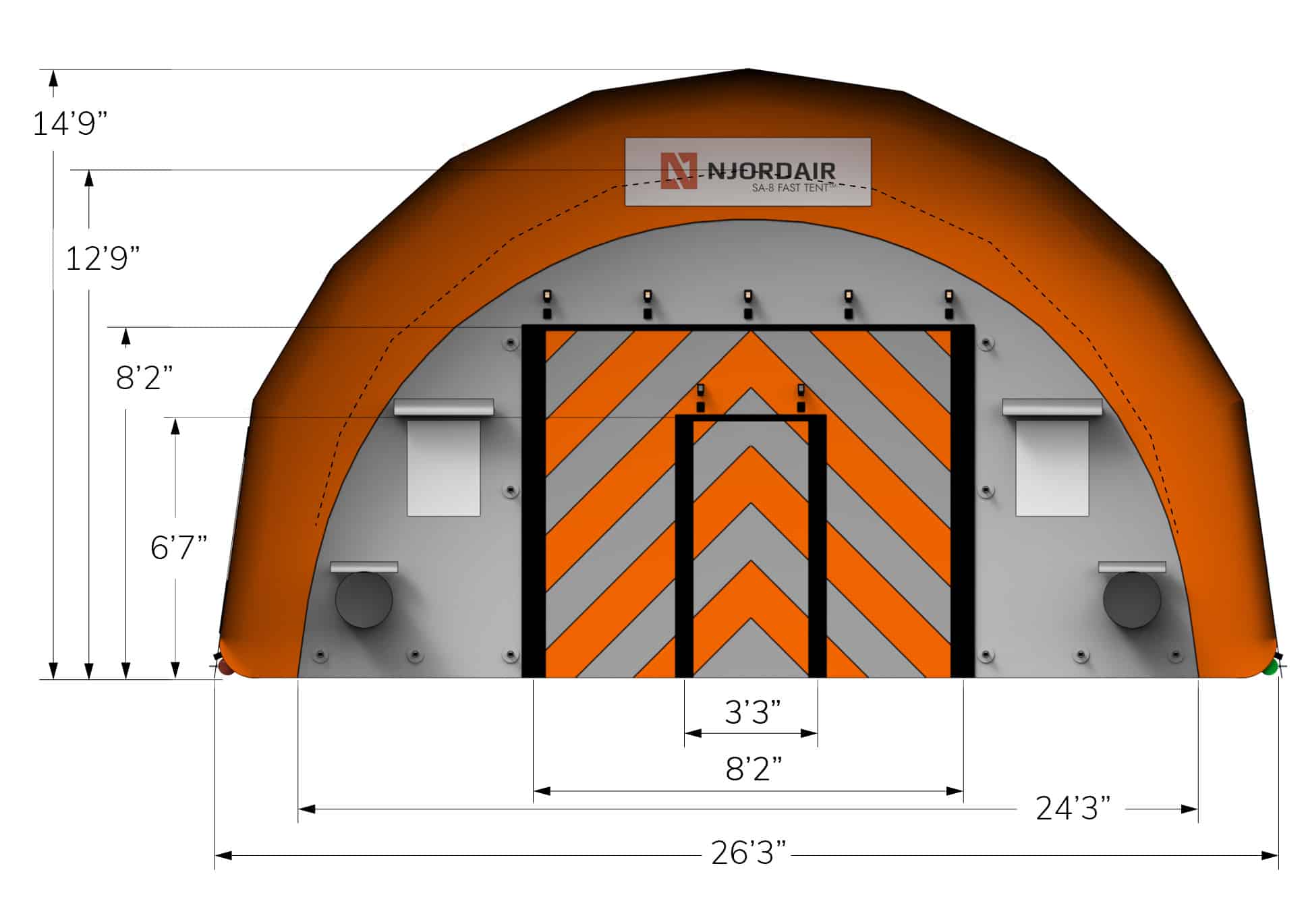 Front view of SA-8 Fast Tent with dimensions in feet