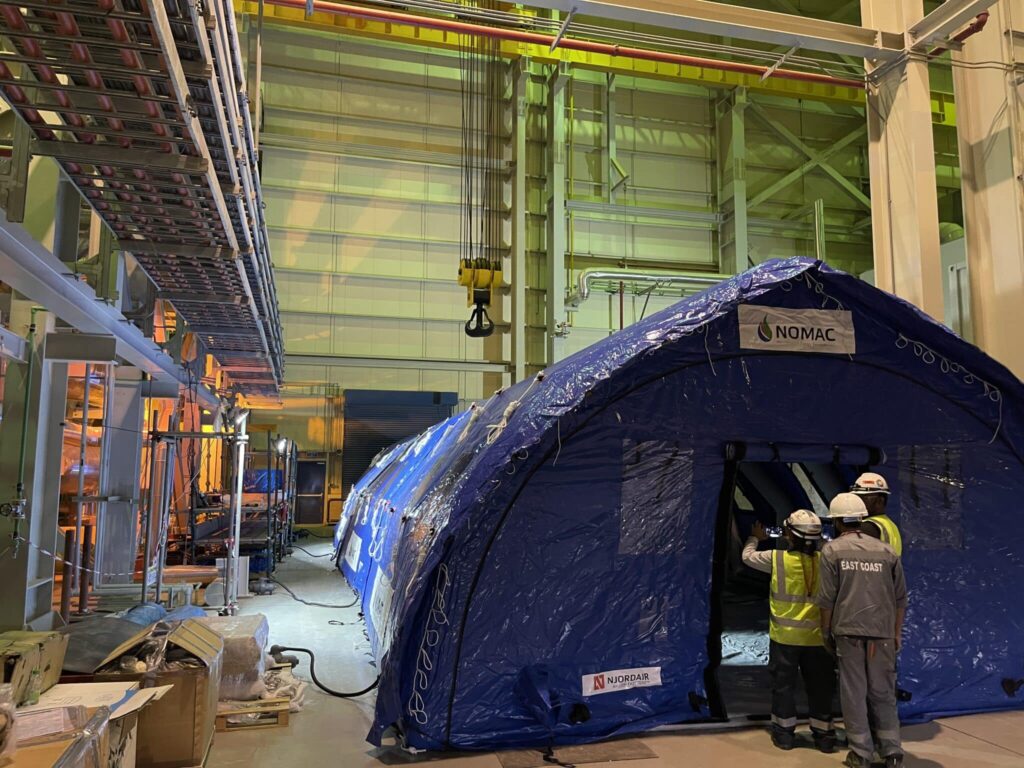Custom blue Njordair SA-6 tent installed in the turbine hall of a Middle East power station