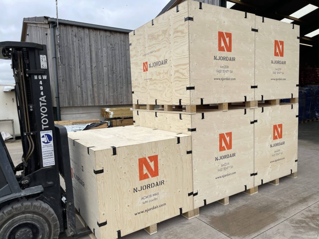 Njordair systems packed in branded transport crates ready for shipment